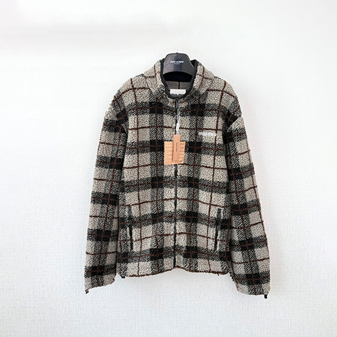 miu miu plaid fleece stand collar jacket
